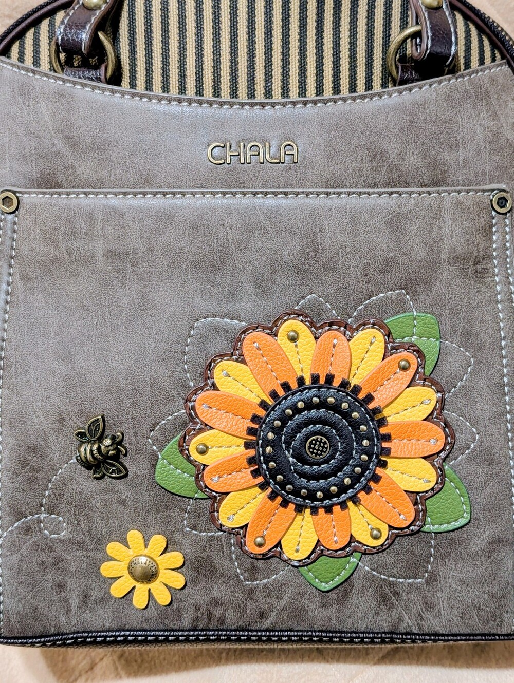 NWOT Chala Taupe Shoulder Tote with Yellow and Orange Floral Applique